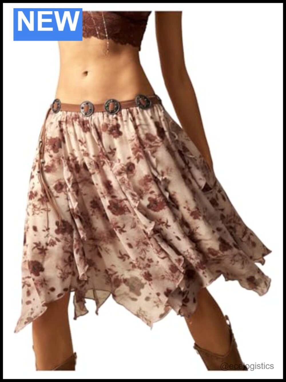 Floral Low Rise Handkerchief Hem Flowy Knee Length Boho Swing Skirt